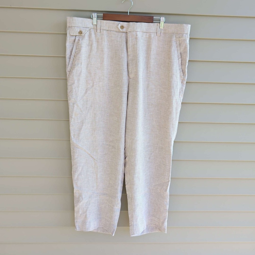 Stacy Adams Linen Dress Pants Mens 44x32 Tan White Houndstooth Flat Front Slacks